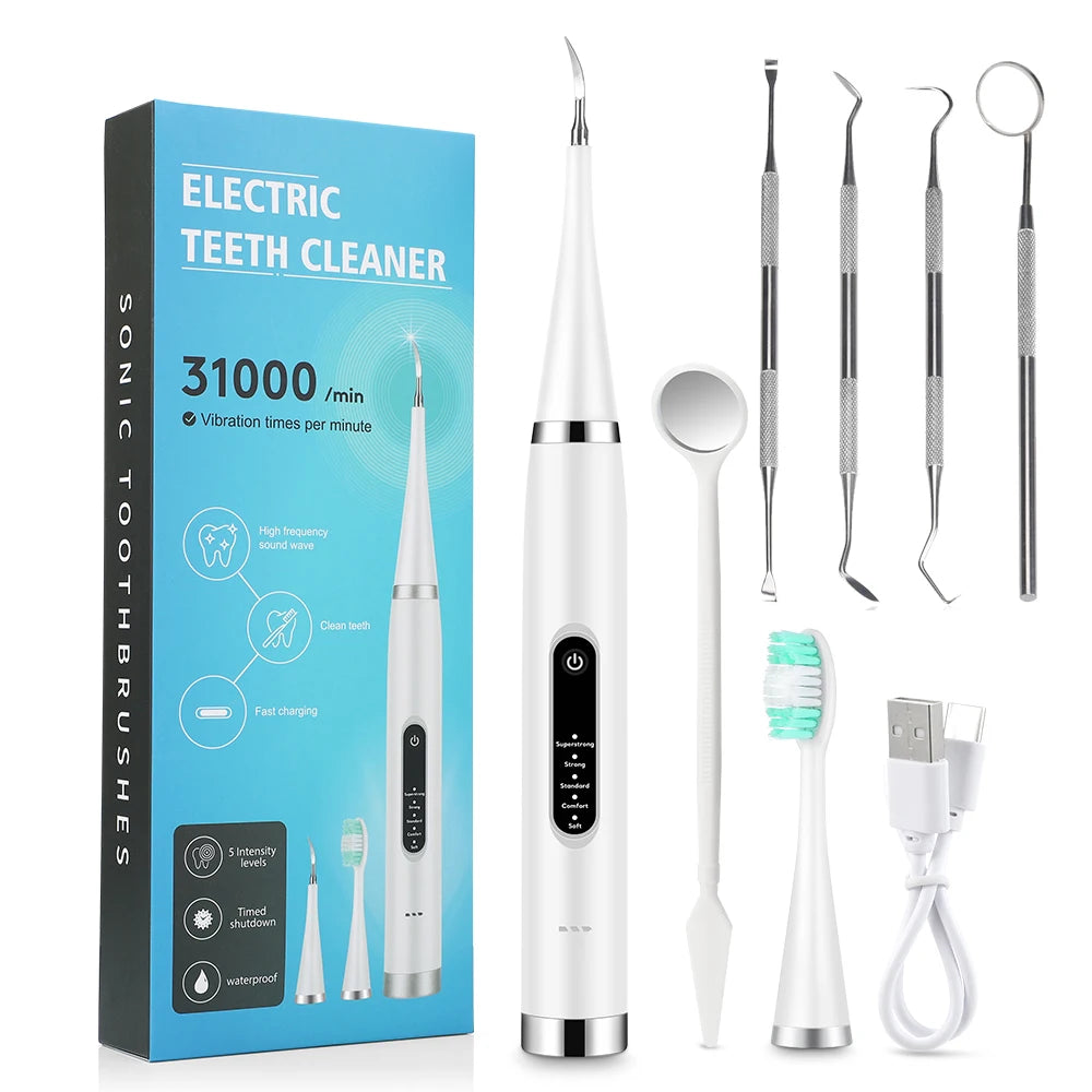 Tooth Cleaner Whitener Set Sonic Dental Scaler Toothbrush + 9D Teeth Whitening Strips Tartar Stains Calculus Plaque Remover