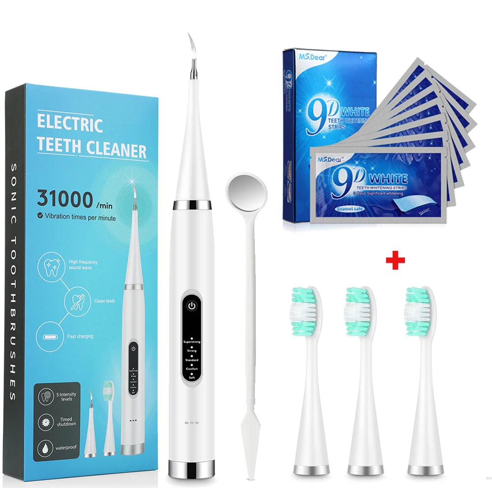 Tooth Cleaner Whitener Set Sonic Dental Scaler Toothbrush + 9D Teeth Whitening Strips Tartar Stains Calculus Plaque Remover