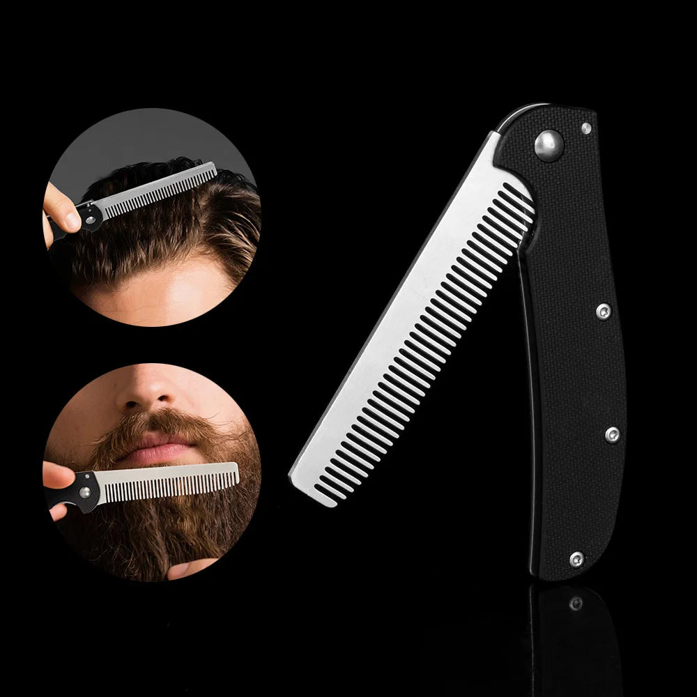 Metal Folding Beard Comb Dual-Purpose Hair & Mustache Styling Tool, Compact Travel Grooming Kit Barber-Grade Home Essentials