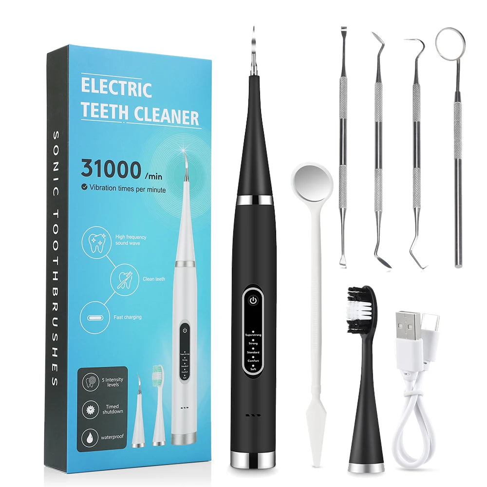 Tooth Cleaner Whitener Set Sonic Dental Scaler Toothbrush + 9D Teeth Whitening Strips Tartar Stains Calculus Plaque Remover