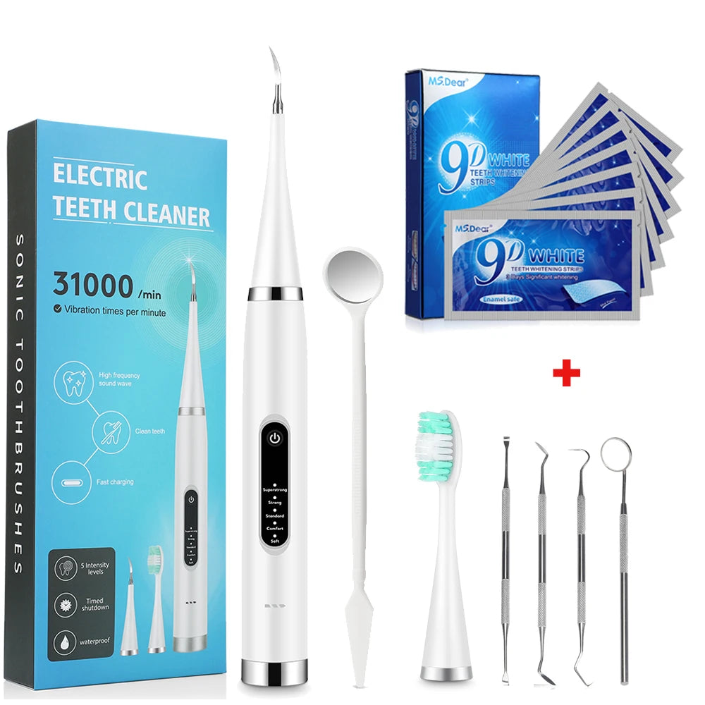 Tooth Cleaner Whitener Set Sonic Dental Scaler Toothbrush + 9D Teeth Whitening Strips Tartar Stains Calculus Plaque Remover