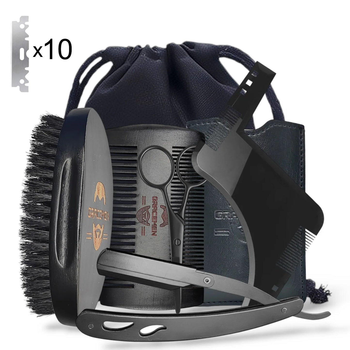 Gracemen Beard Kit - Grooming Set for Men - Beard Template & Brush & Comb & Case & Straight Razor & Scissors & Travel Bag