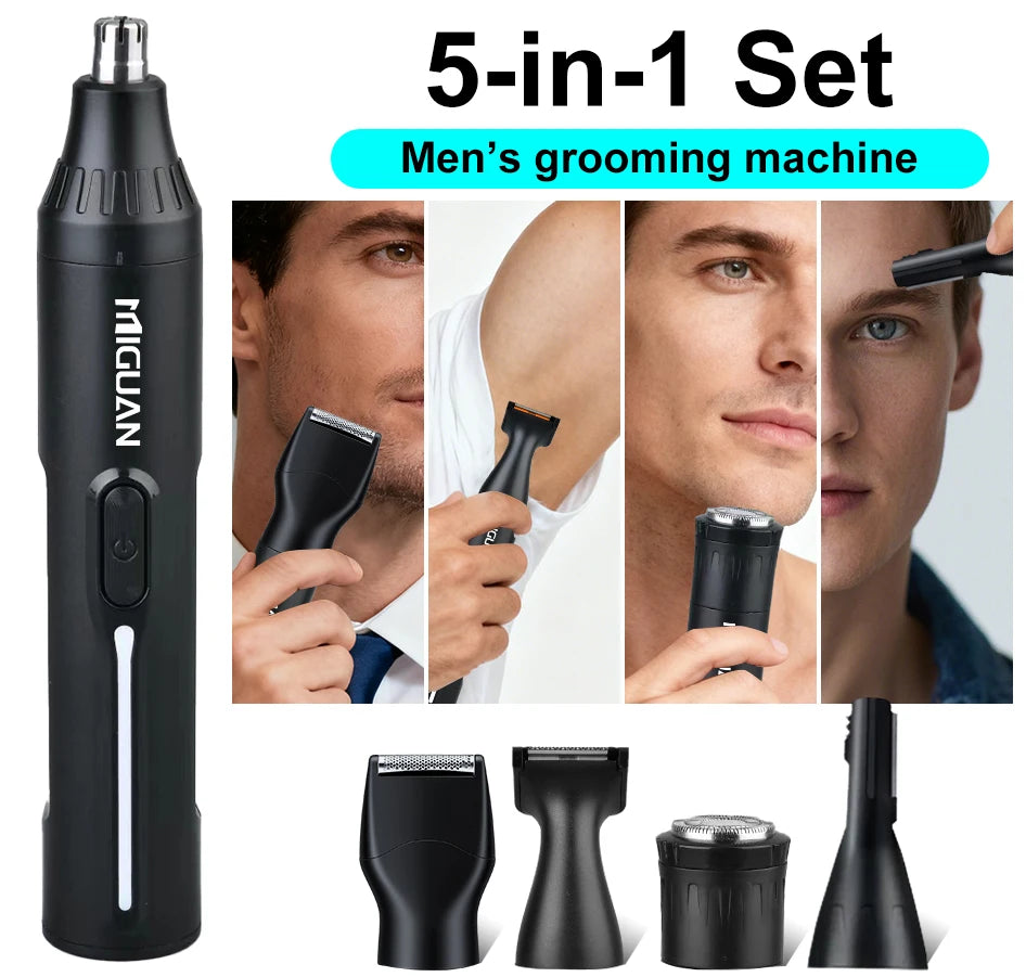 5-in-1 Professional Grooming Kit, USB Rechargeable Nose & Ear Hair Trimmer, Beard and Eyebrow Razor，
