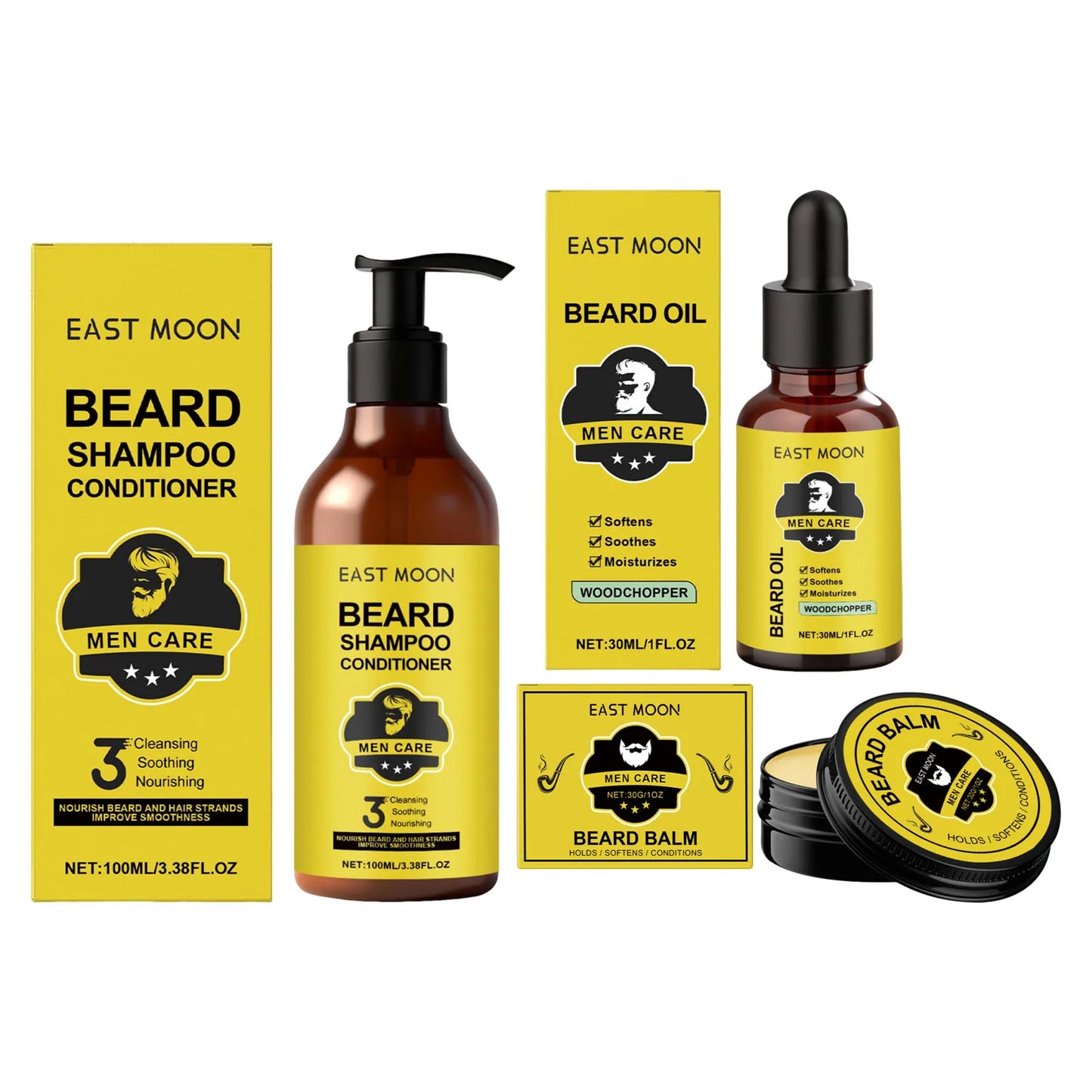 Natural Plant Extract Hair Care Set For Men 2in1 Shampoo&Care Oil&Balm Beard Kit Refreshing Smoothing Soften Beard Care