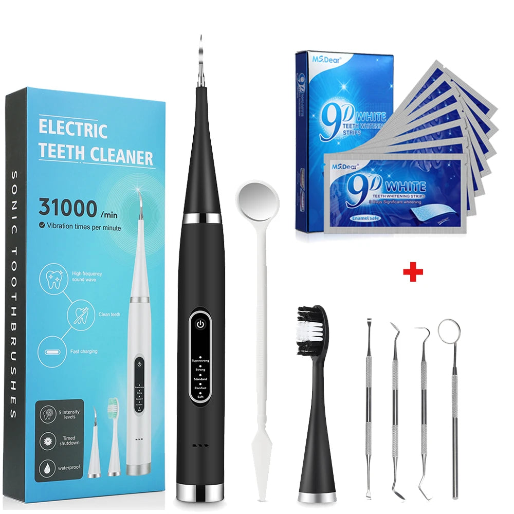 Tooth Cleaner Whitener Set Sonic Dental Scaler Toothbrush + 9D Teeth Whitening Strips Tartar Stains Calculus Plaque Remover