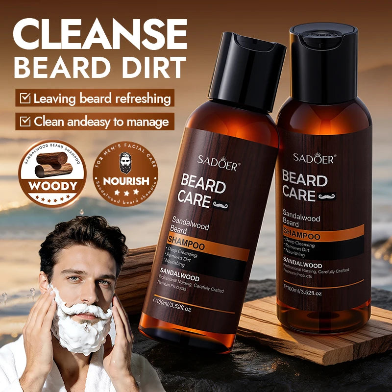 SADOER Men's Beard Growth Set, Gentle Nourishment, Sandalwood Beard Oil, Beard Balm, Beard Shampoo, Scissors, Comb, Brush