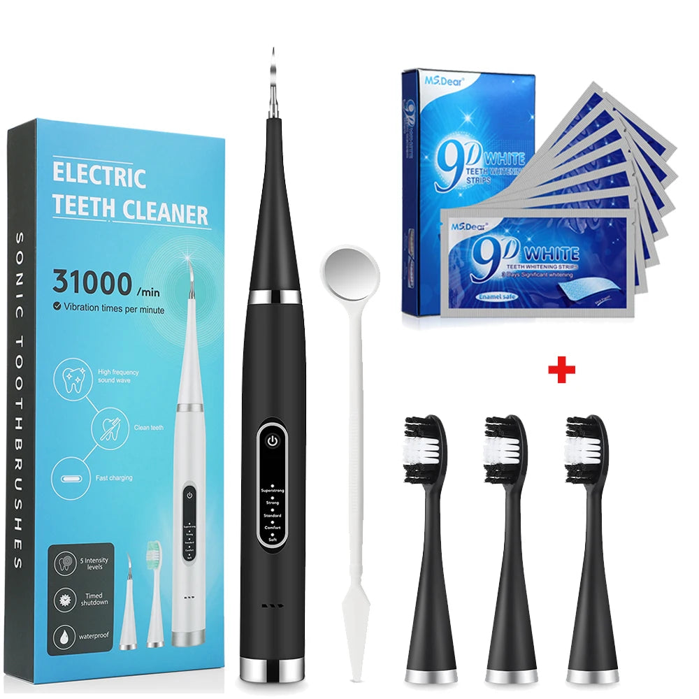 Tooth Cleaner Whitener Set Sonic Dental Scaler Toothbrush + 9D Teeth Whitening Strips Tartar Stains Calculus Plaque Remover