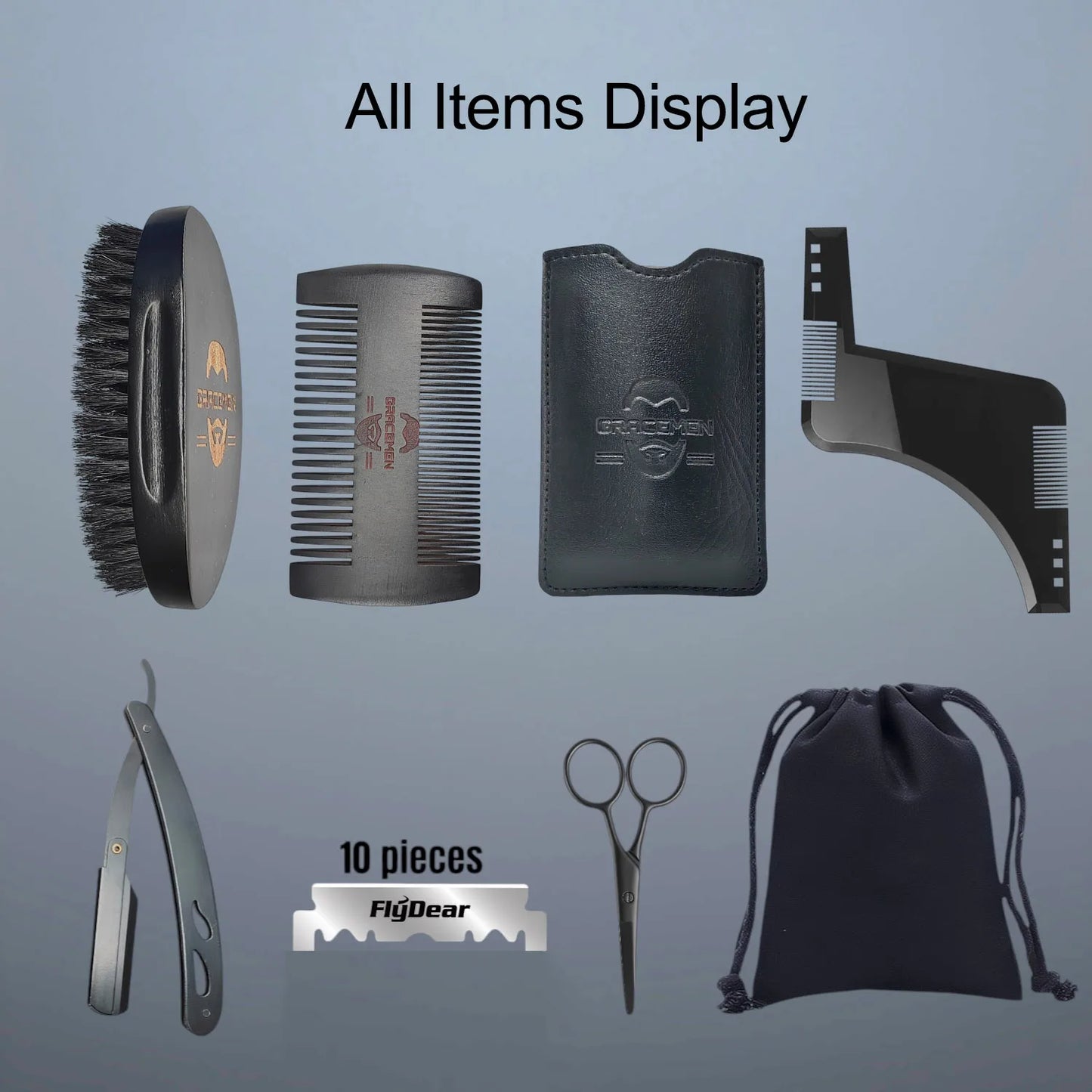 Gracemen Beard Kit - Grooming Set for Men - Beard Template & Brush & Comb & Case & Straight Razor & Scissors & Travel Bag