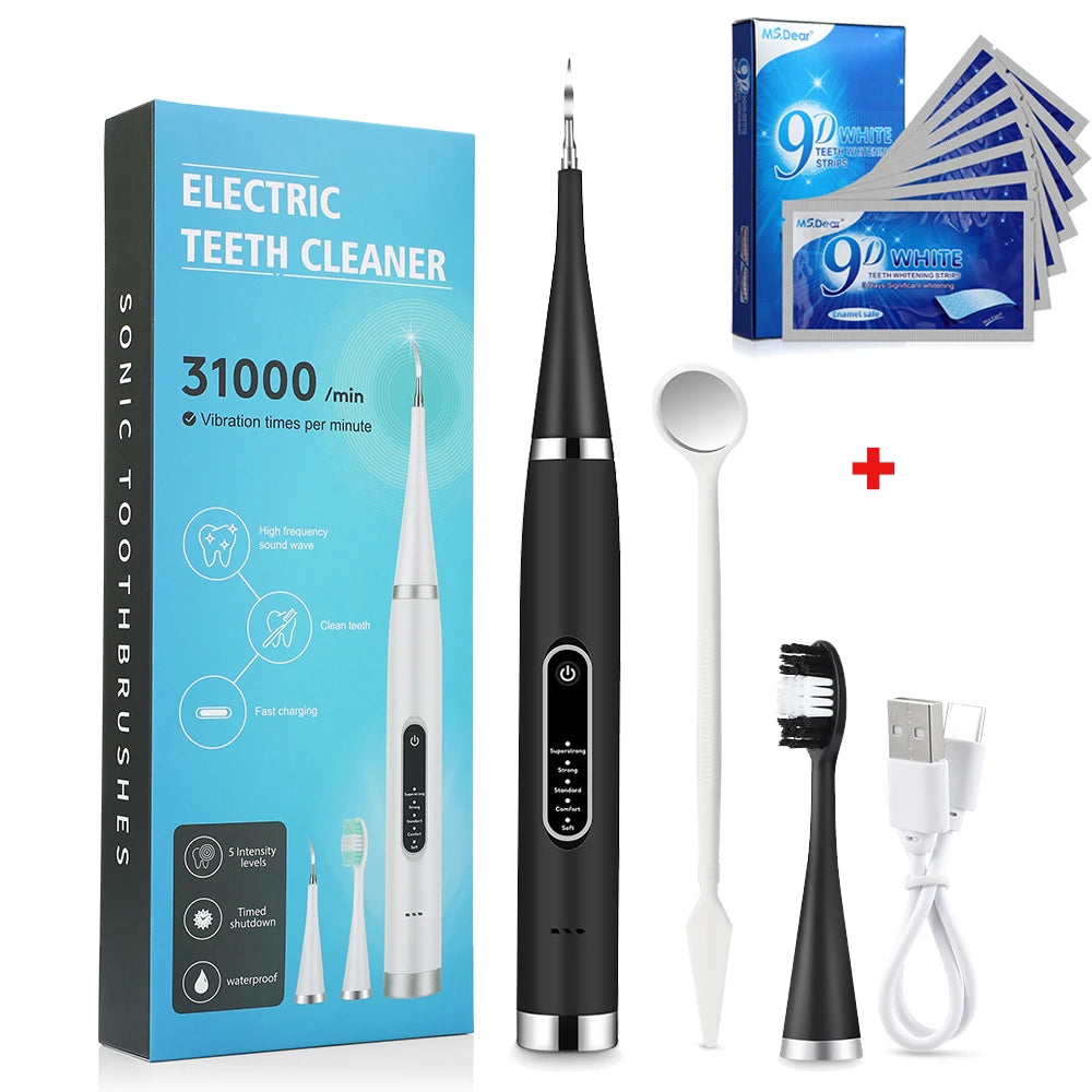 Tooth Cleaner Whitener Set Sonic Dental Scaler Toothbrush + 9D Teeth Whitening Strips Tartar Stains Calculus Plaque Remover