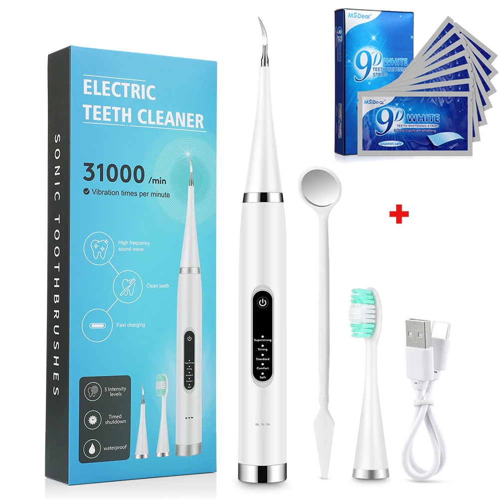 Tooth Cleaner Whitener Set Sonic Dental Scaler Toothbrush + 9D Teeth Whitening Strips Tartar Stains Calculus Plaque Remover