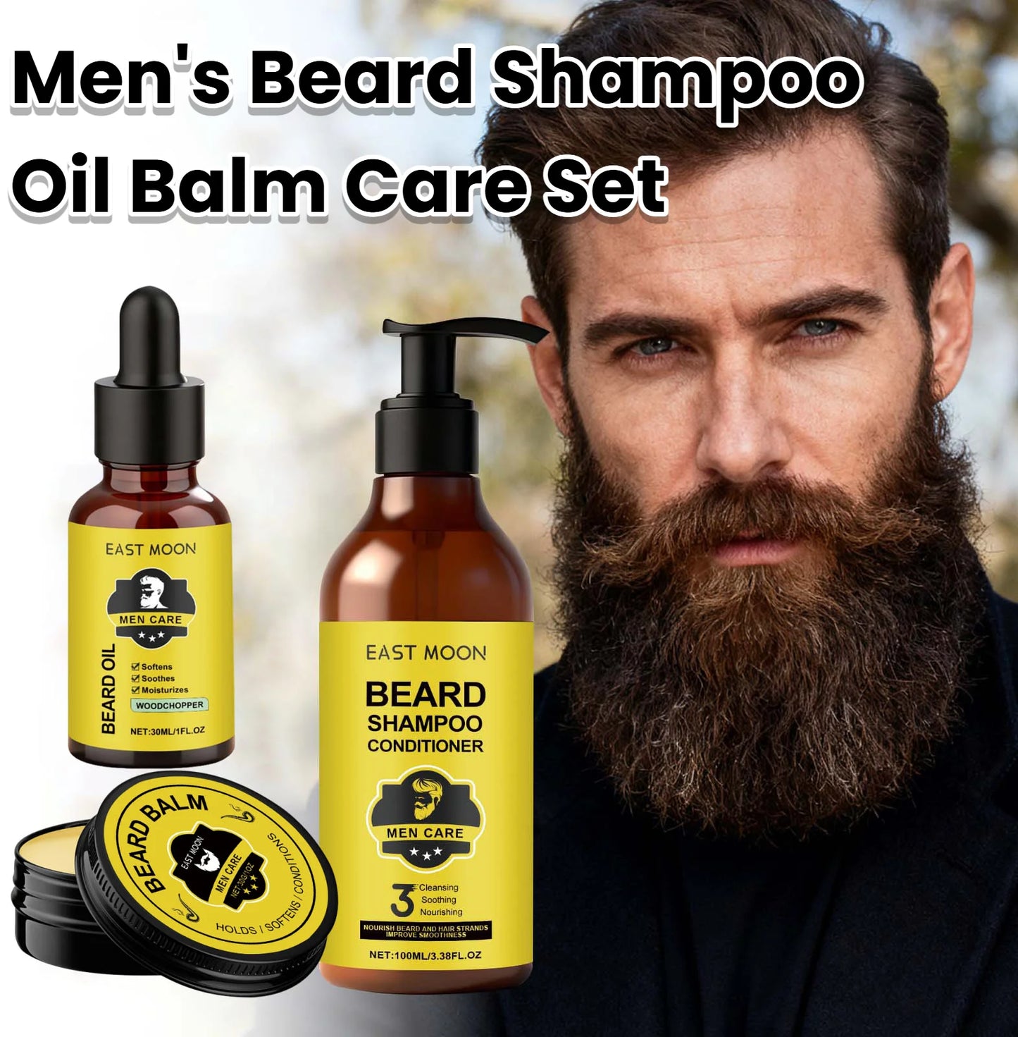 Natural Plant Extract Hair Care Set For Men 2in1 Shampoo&Care Oil&Balm Beard Kit Refreshing Smoothing Soften Beard Care
