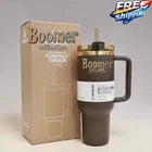 Stanley Brown Insulated Tumbler with Handle & Straw – Gold Accent