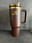 Stanley Brown Insulated Tumbler with Handle & Straw – Gold Accent